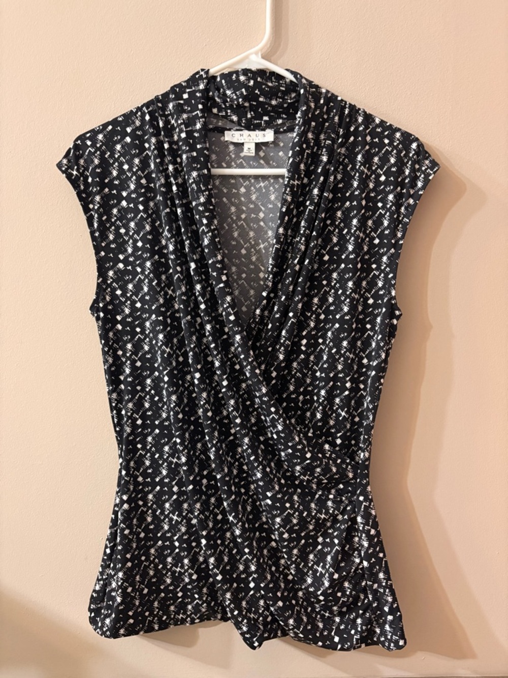 Chaus Black & White Abstract Print Faux Wrap Top